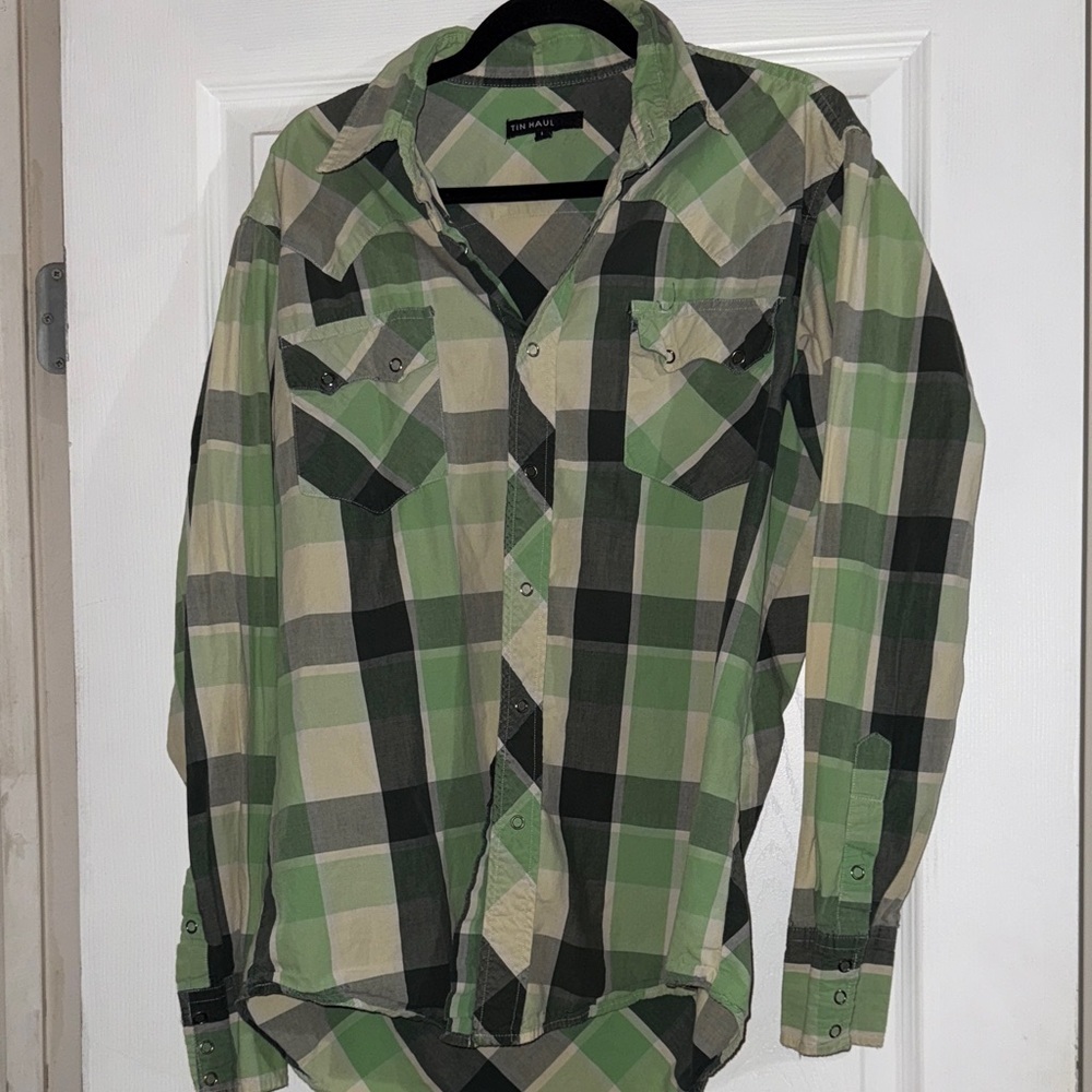 Tin Haul Men's Green and Black Plaid Shirt